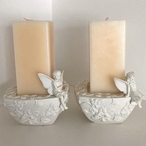 Vtg Set of Two Angel Ceramic Pillar Candleholders